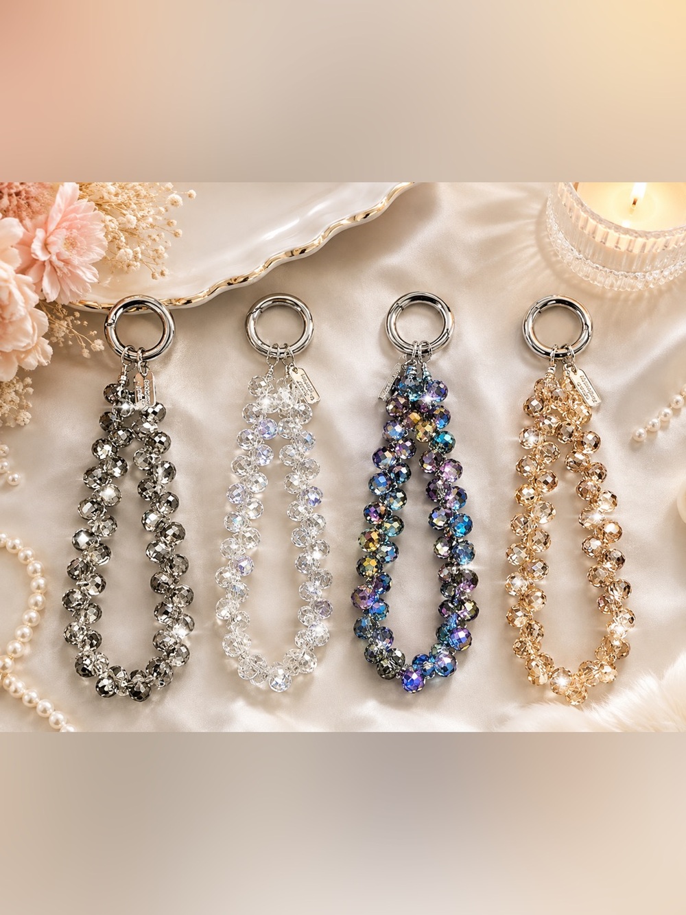 4 Crystal Bead Bracelet phone strap/ Keychains - (Silver, Clear, Aurora, Gold)